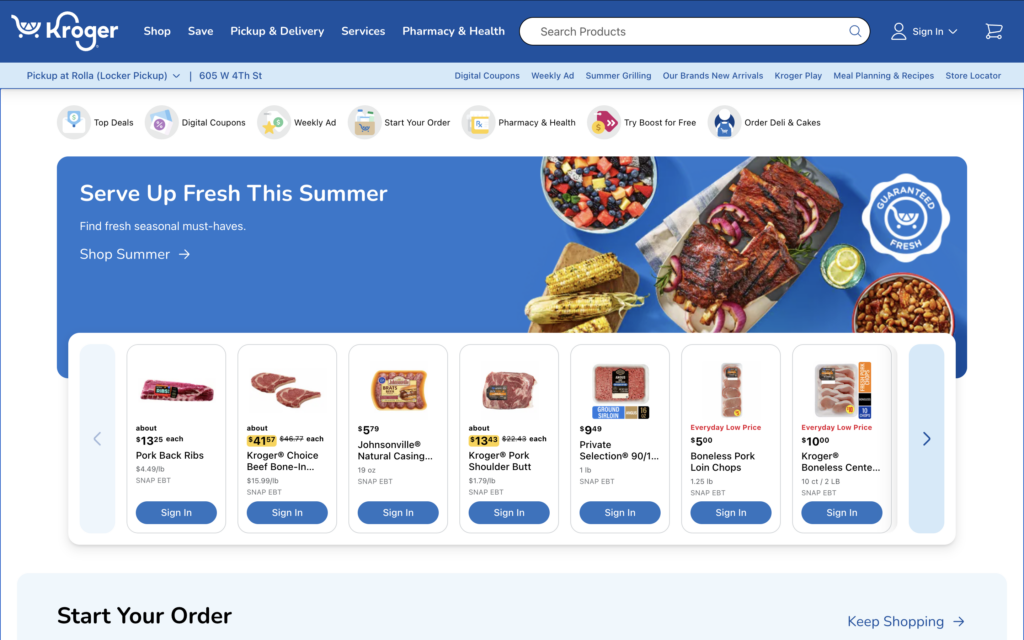 Screenshot of Kroger’s official homepage showcasing its online grocery and retail marketplace.
