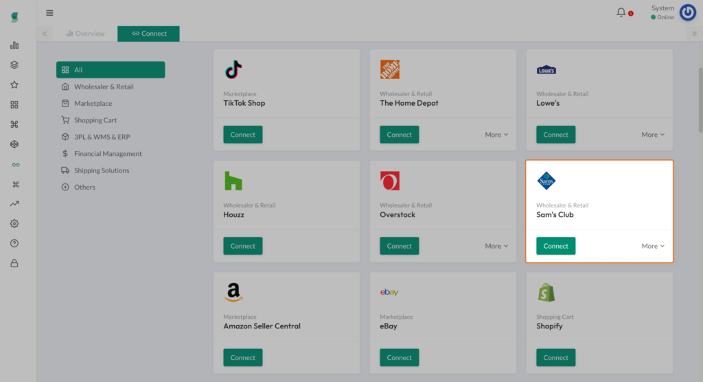 Synctify OMS integration list showing Sam’s Club available as a connectable EDI integration.