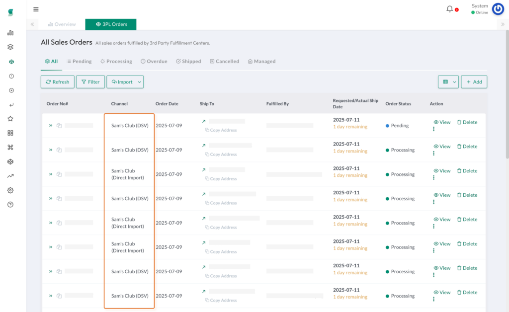Order management screen in Synctify OMS, filtered to show Sam’s Club (DSV) and Sam’s Club (Direct Import) orders.