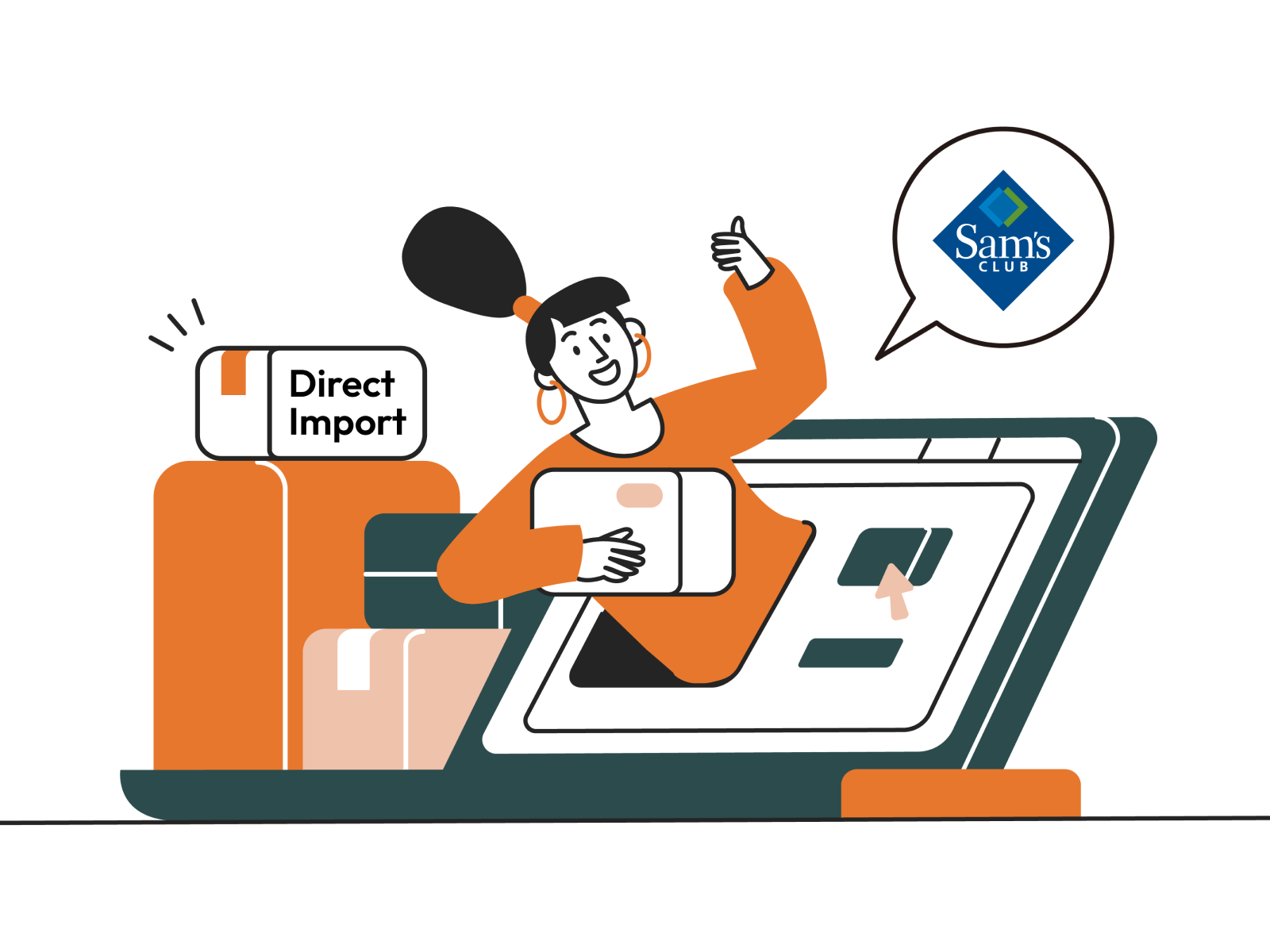 Illustration of a woman emerging from a laptop screen holding a package labeled “Direct Import”, with Sam’s Club logo in a speech bubble—symbolizing Synctify’s new EDI support for Sam’s Club Direct Import.