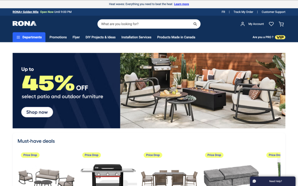 Screenshot of Rona Canada’s official homepage showcasing its retail services and online store navigation