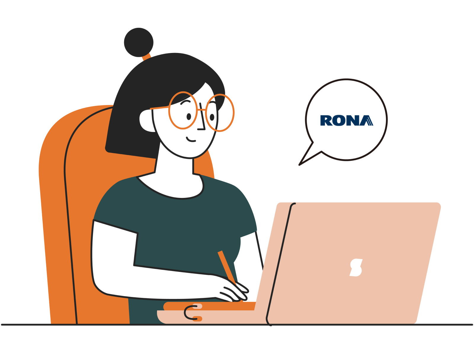 Illustration of a woman using a laptop with a speech bubble showing the Rona logo, representing Synctify’s EDI integration with Rona Canada.