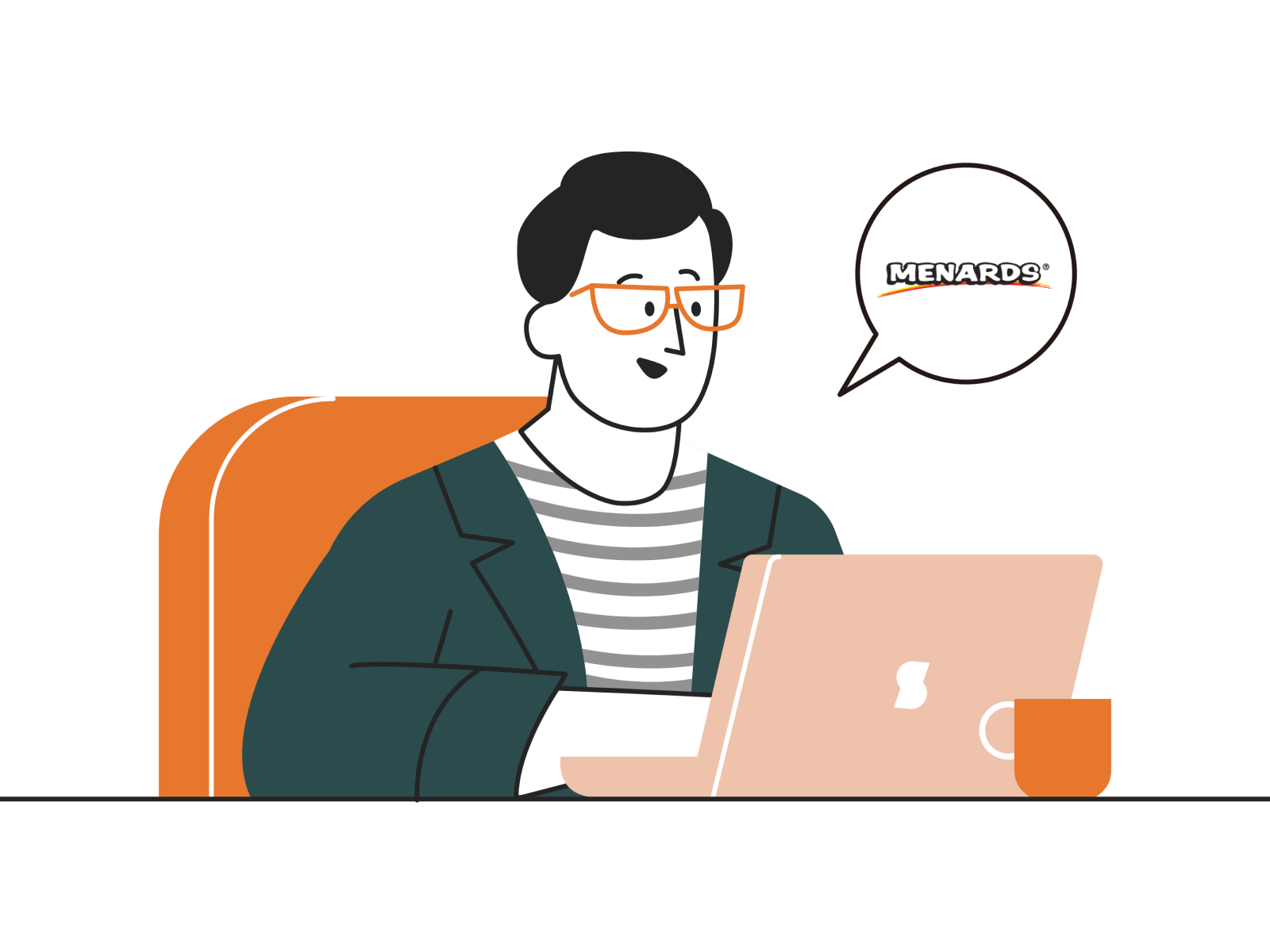 Illustration of a man using a laptop in an office, with a speech bubble showing the Menards logo—representing Synctify’s EDI integration with Menards for dropship suppliers.
