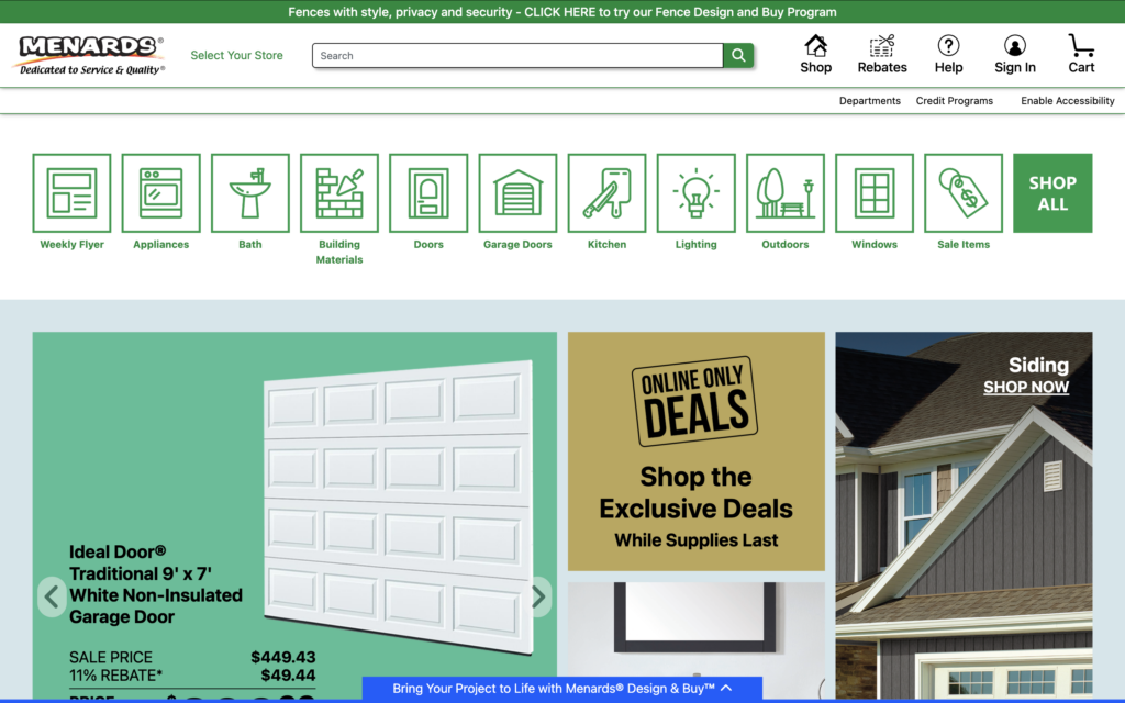 Screenshot of Menards homepage showing navigation menu, product promotions, and store search bar