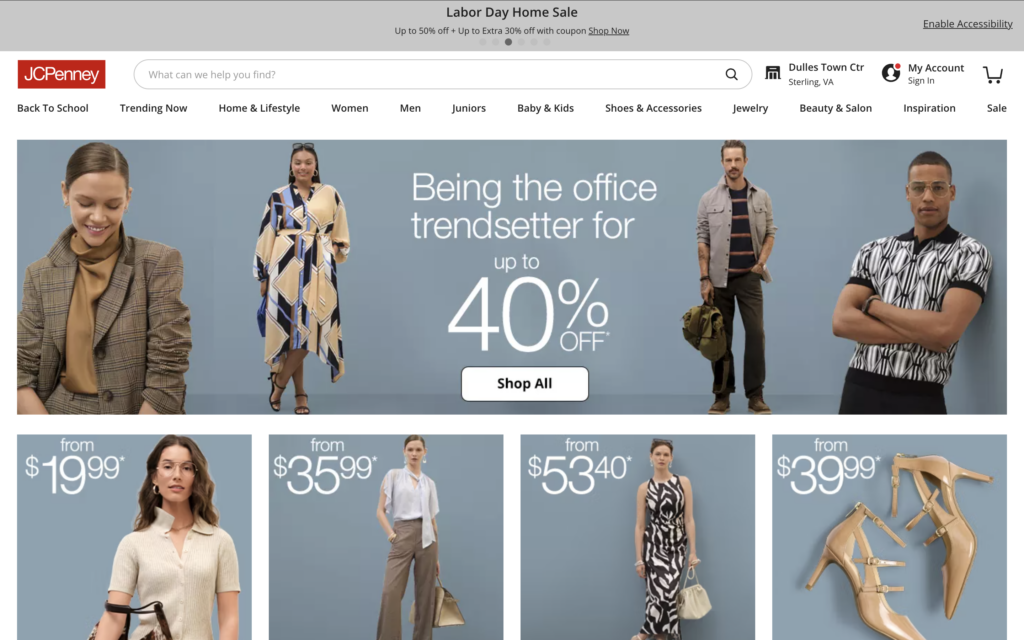 Screenshot of JCPenney homepage showing navigation menu, featured promotions, and online product categories