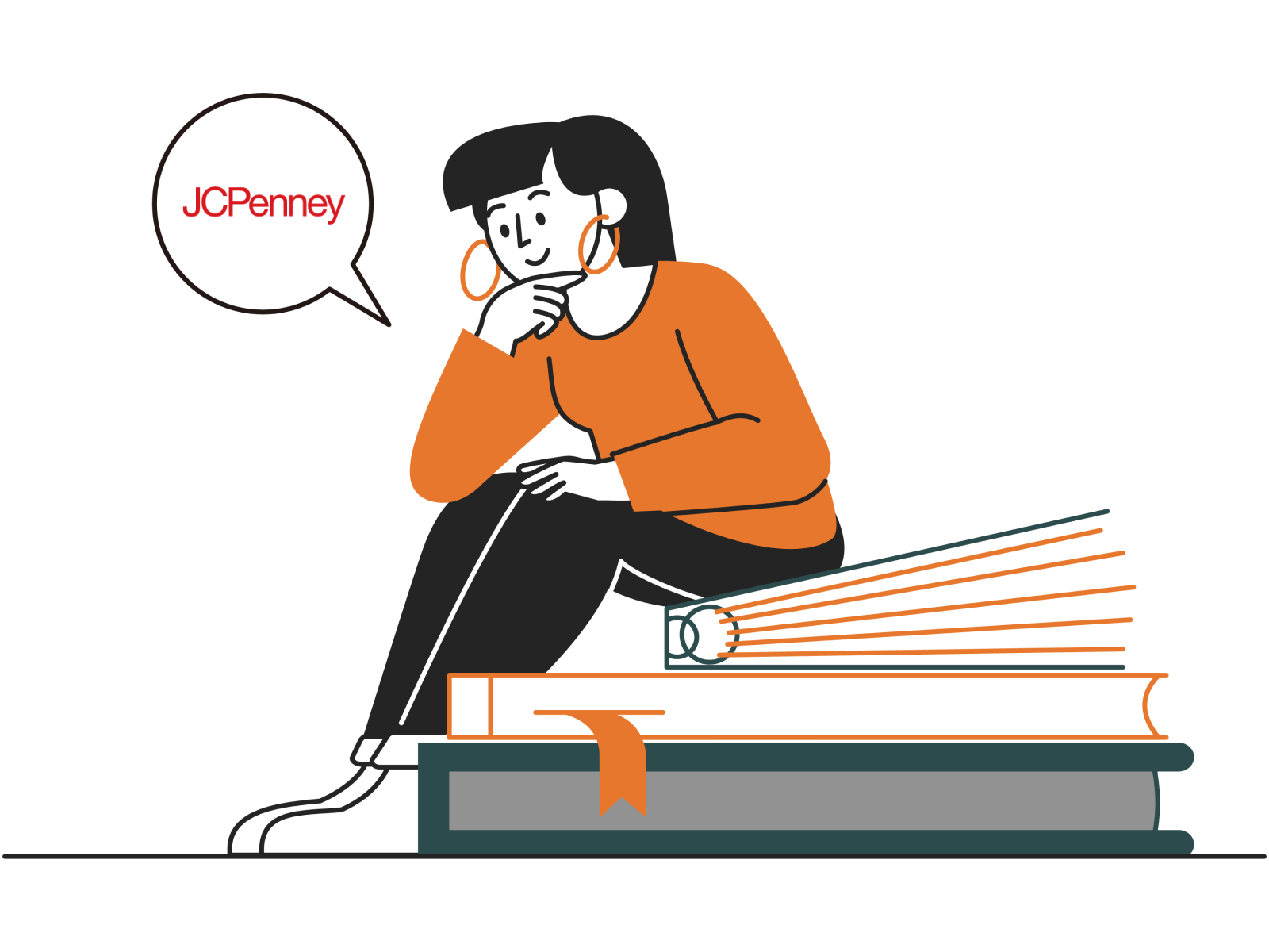 Illustration of a woman sitting on books with a speech bubble showing the JCPenney logo, symbolizing Synctify’s EDI integration with JCPenney via CommerceHub.