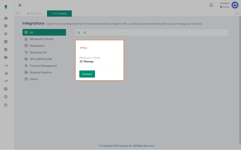 Synctify ERP dashboard with JCPenney EDI integration showing CommerceHub connection and order workflow panel.