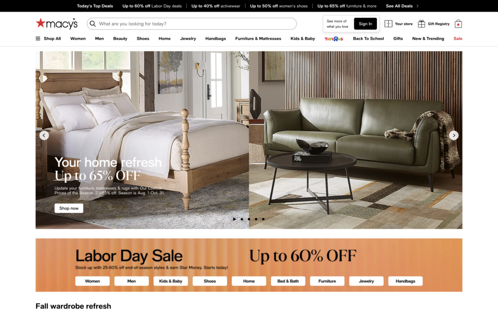 Screenshot of Macy’s official website homepage showing product categories and promotional banners.