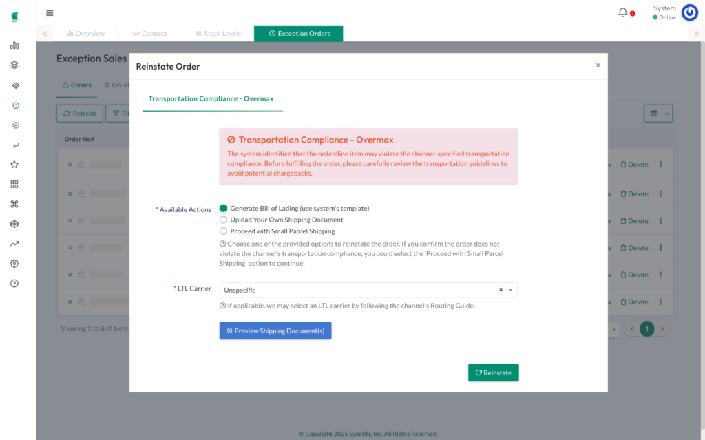 ERP screenshot showing an automated transportation compliance alert with options to generate a Bill of Lading, upload a shipping document, or proceed with parcel shipping—demonstrating Synctify’s ability to enforce EDI/SLA requirements.