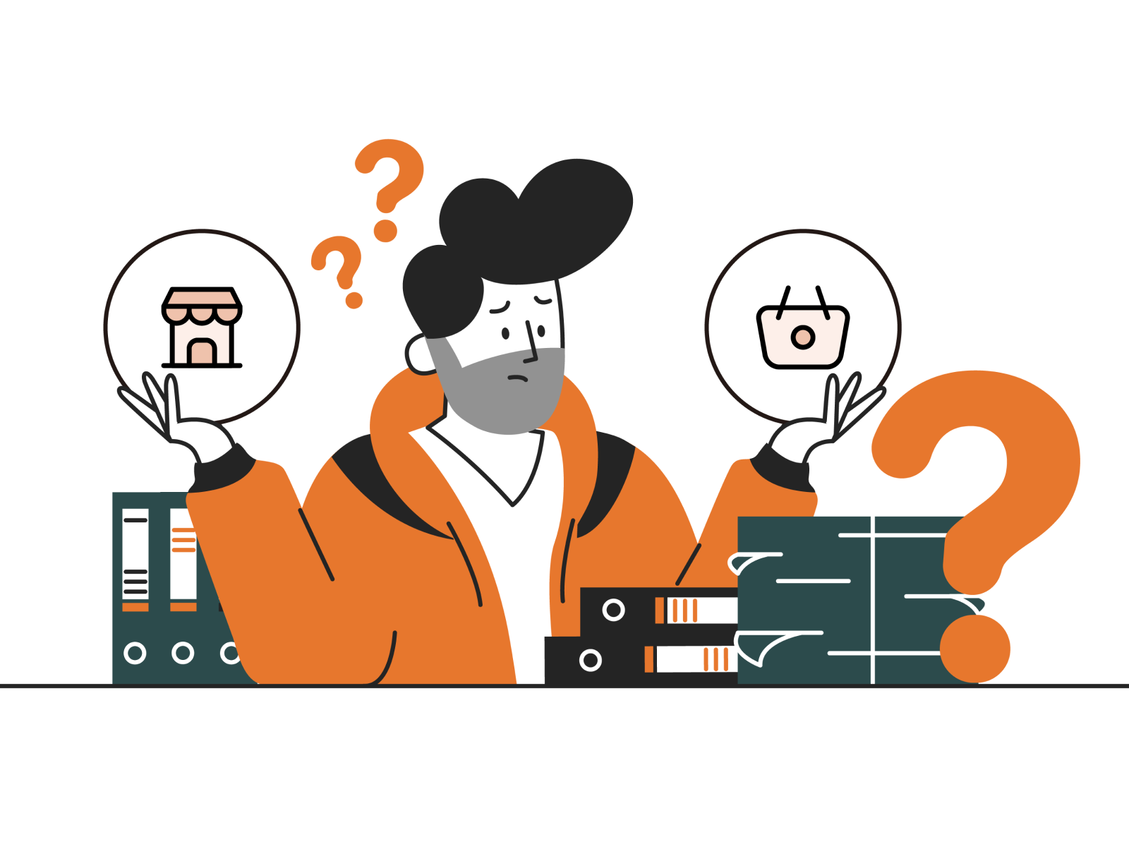 Illustration of a person weighing two sales platform options, looking uncertain, with question marks around—symbolizing the challenge of deciding between 3P marketplaces and retail dropship programs.