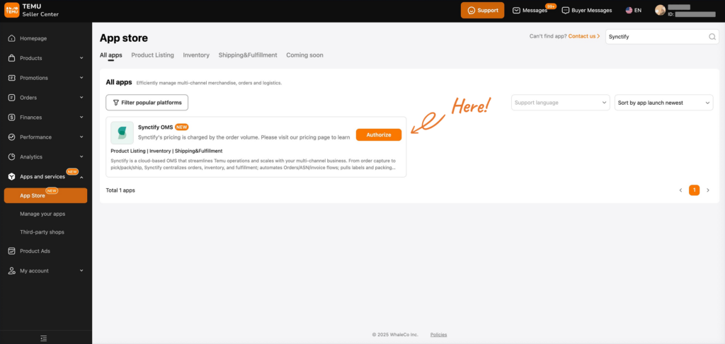 Screenshot of Temu Seller Center App Store showing Synctify OMS public app with Authorize button.