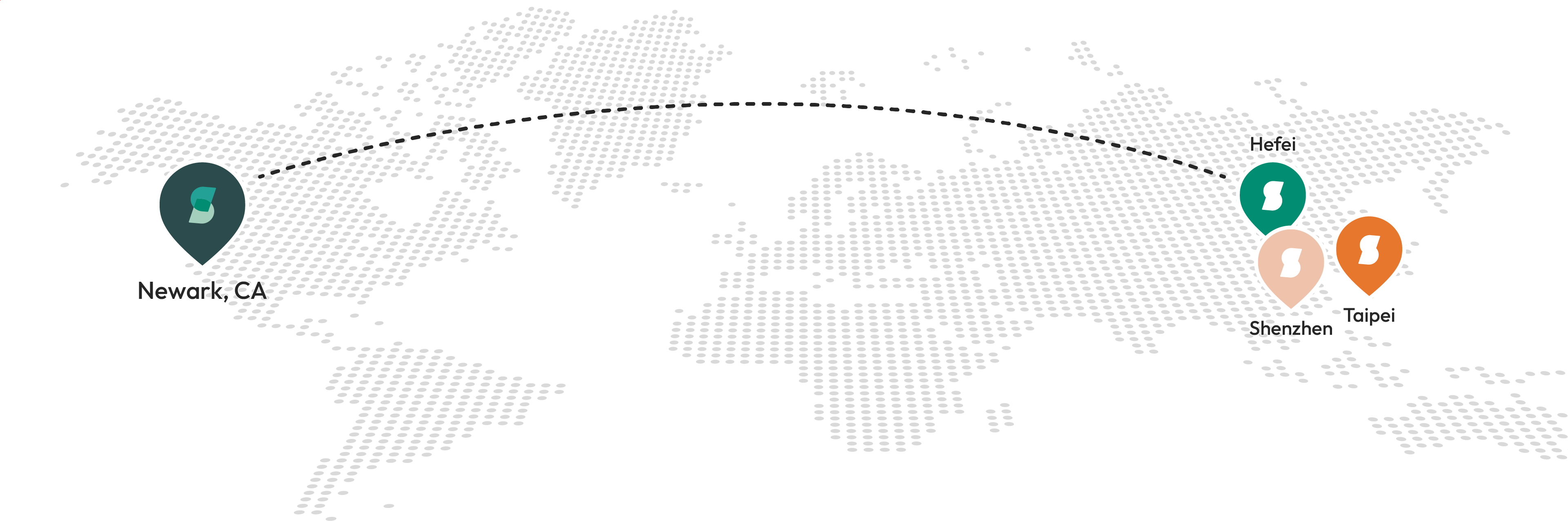 Map showing Synctify team locations in Newark, Hefei, Shenzhen, and Taipei, representing its global SaaS and eCommerce operations team.