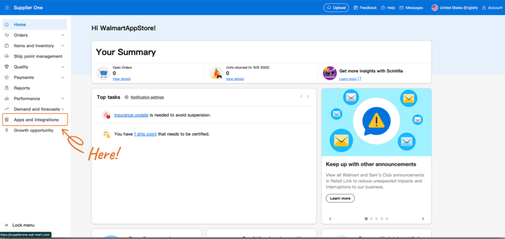 Navigating to Apps & Integrations on Walmart Supplier One