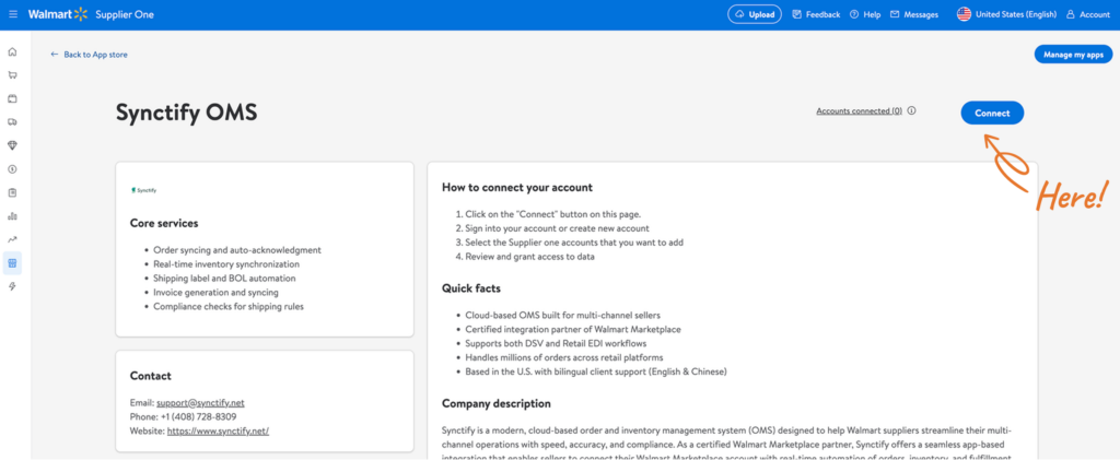 Clicking the Connect button for Synctify app