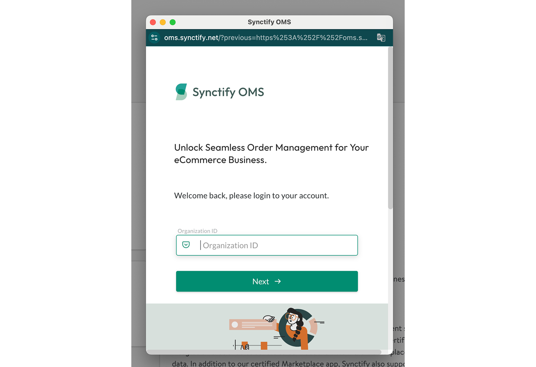Pop-up window prompting Synctify account sign-in