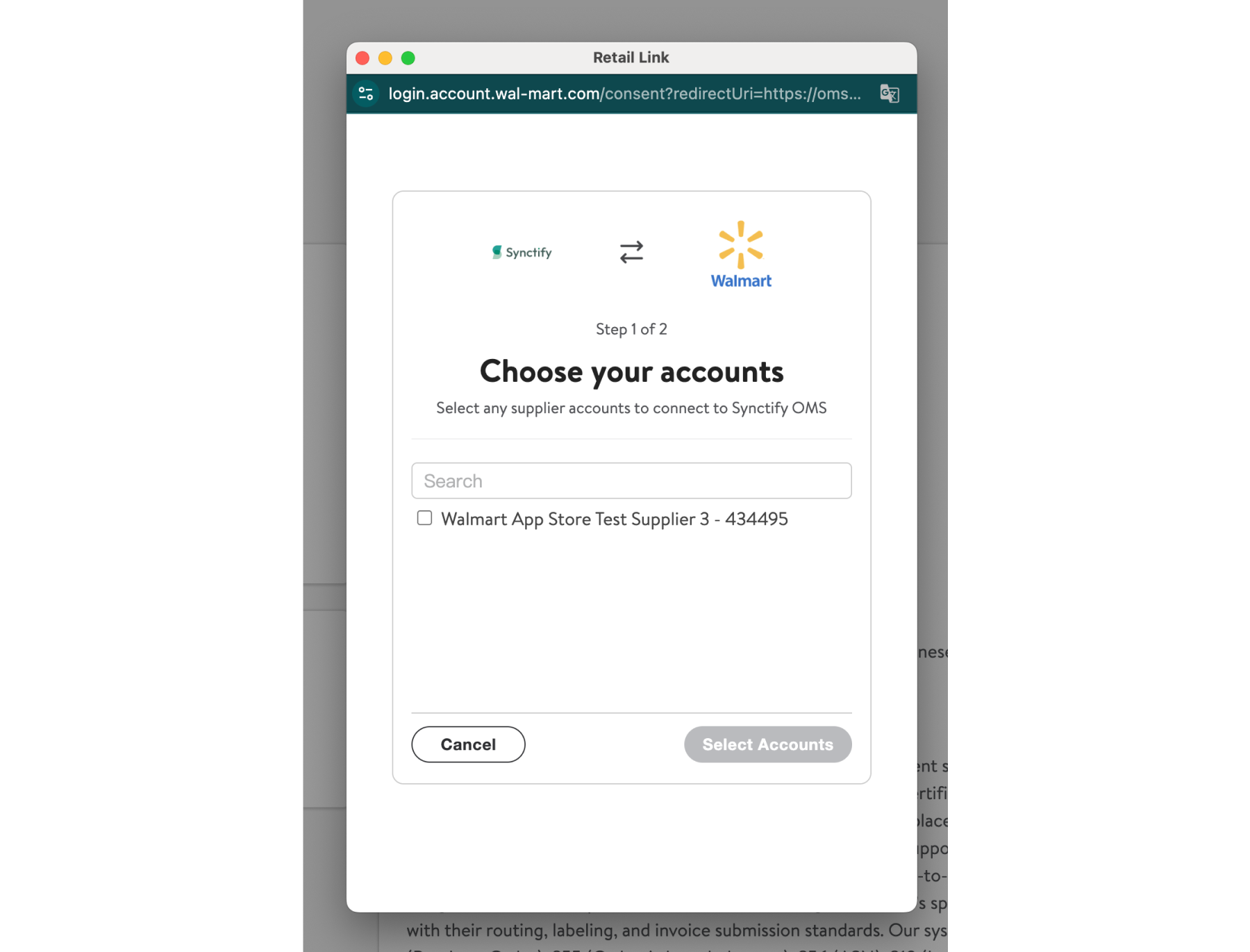 Selecting the Walmart Supplier One account to connect