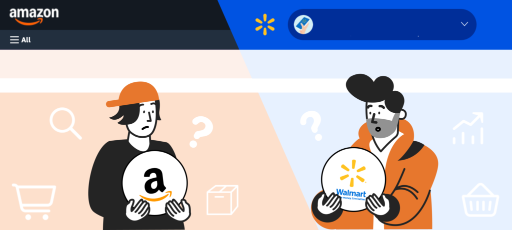 An illustration of two ecommerce sellers holding Amazon and Walmart logos, representing the strategic choice between Amazon Seller and Walmart Marketplace.