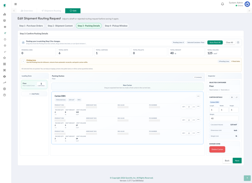 Screenshot of Step 3 in the Synctify Shipment Routing Request workflow, showing a carton packing station with packed SKUs, unit weights, volumes, and carton dimensions displayed in the Inspector panel.