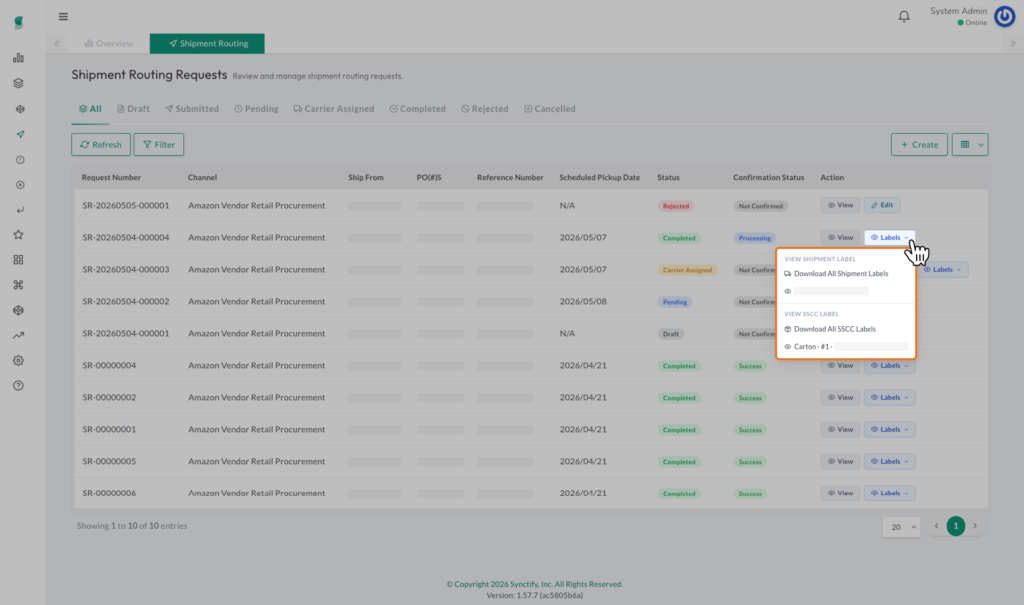 Screenshot of the Labels dropdown menu in Synctify, showing options to download all shipment labels, download all SSCC labels, or view individual carton SSCC labels.