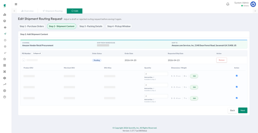 Screenshot of Step 2 in the Synctify Shipment Routing Request workflow, showing order line items with quantity input fields, selected quantity, and available-to-ship quantity for each SKU.