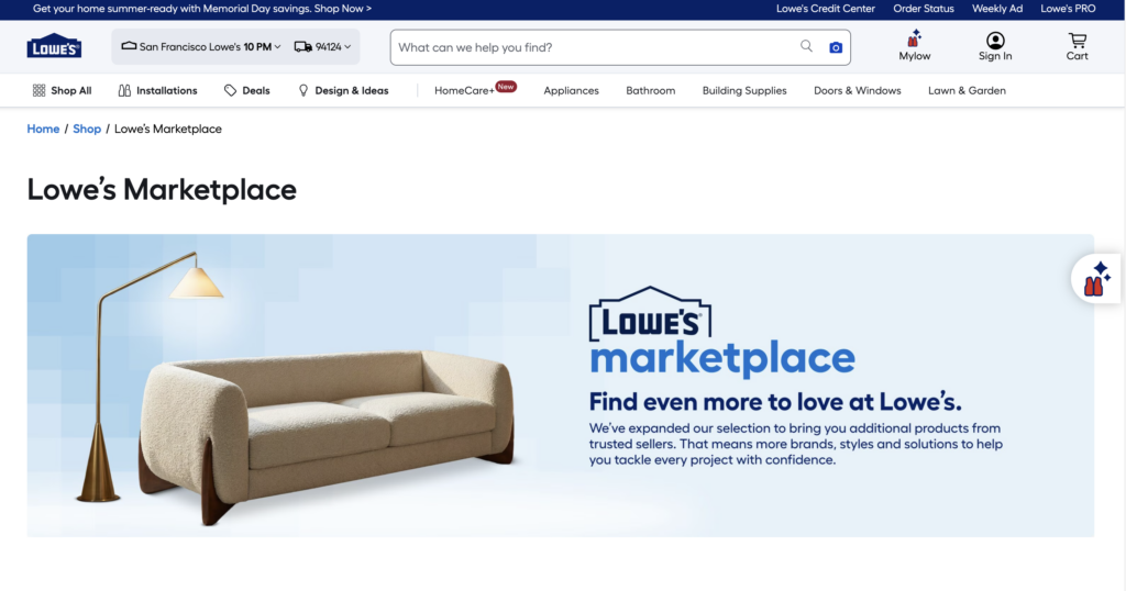 Screenshot of Lowe's homepage showing navigation menu, featured promotions, and online product categories