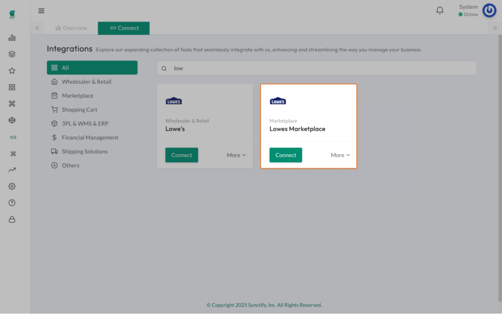 Synctify ERP dashboard with Lowe's marketplace integration showing CommerceHub connection and order workflow panel.