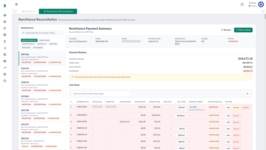 Synctify Remittance Payment Summary dashboard showing payment balance, line items, and match statuses.