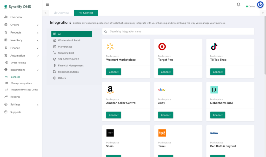 Synctify Order Management System dashboard displaying the marketplace integrations page with connection options for Amazon Seller Central, Walmart Marketplace, Target Plus, and other retail channels.