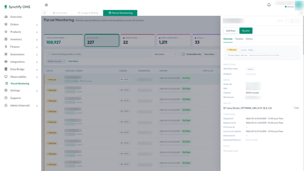 Synctify Parcel Monitoring detail panel for a No Scan shipment showing order information, warehouse, carrier, first-scan status, assignee, and internal notes.