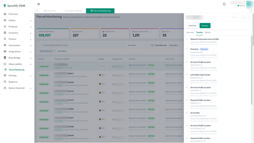 Synctify Parcel Monitoring shipment history showing assignment, internal notes, workflow updates, and resolution activity.